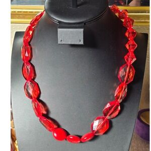 Red Plastic Beaded Stretch Statement Necklace